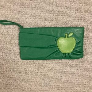 Wristlet Green Faux Leather with Apple Motif